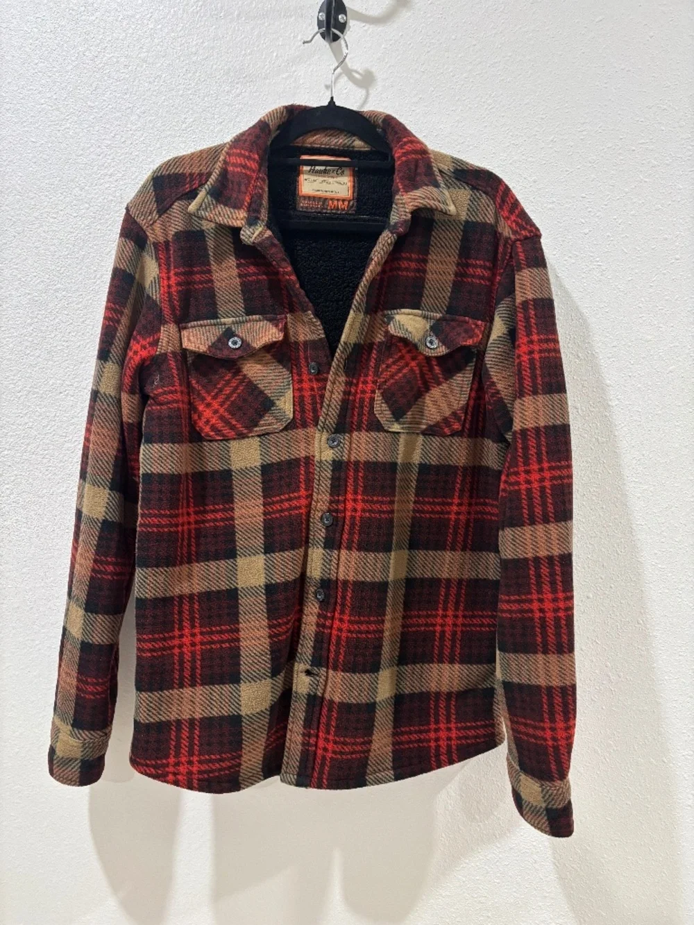 Hawke & Co Plaid Sherpa Lined Flannel Jacket Mens Med Black Red Tan Heavy Warm